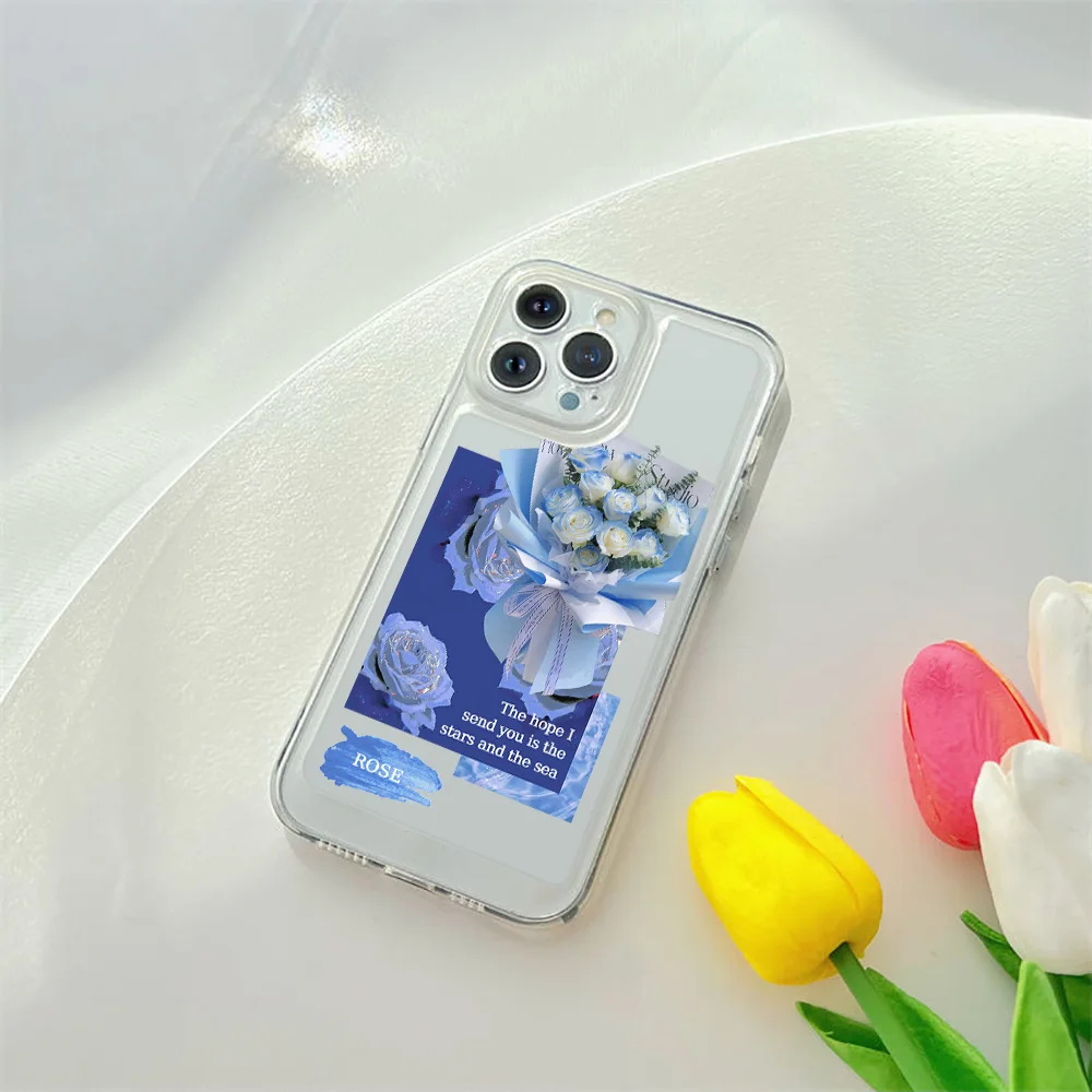 

Rose Phone Case For iPhone 14 Plus 12 ProMax Broken Ice Blue Rose Cases For iPhone 13 Mini 11 X Transparent Soft Silicone Cover