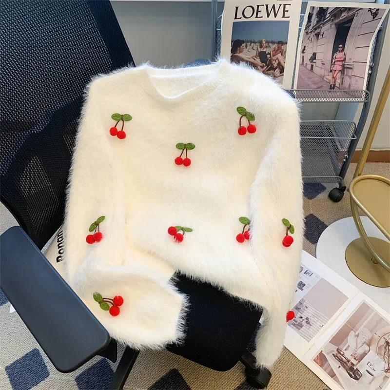 Норковый кашемировый пуловер с 3D вишней женский осенне-зимний новый вязаный топ