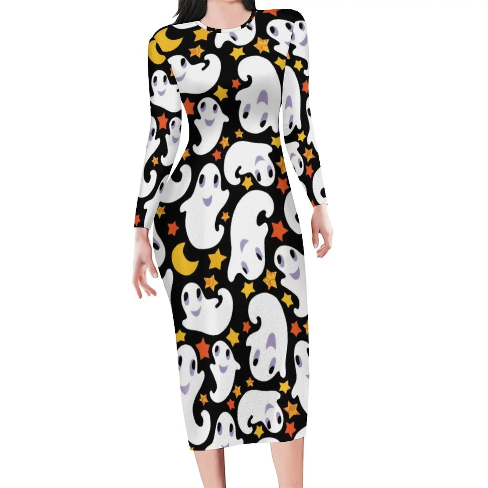 

Женское платье с длинным рукавом и принтом в виде призраков