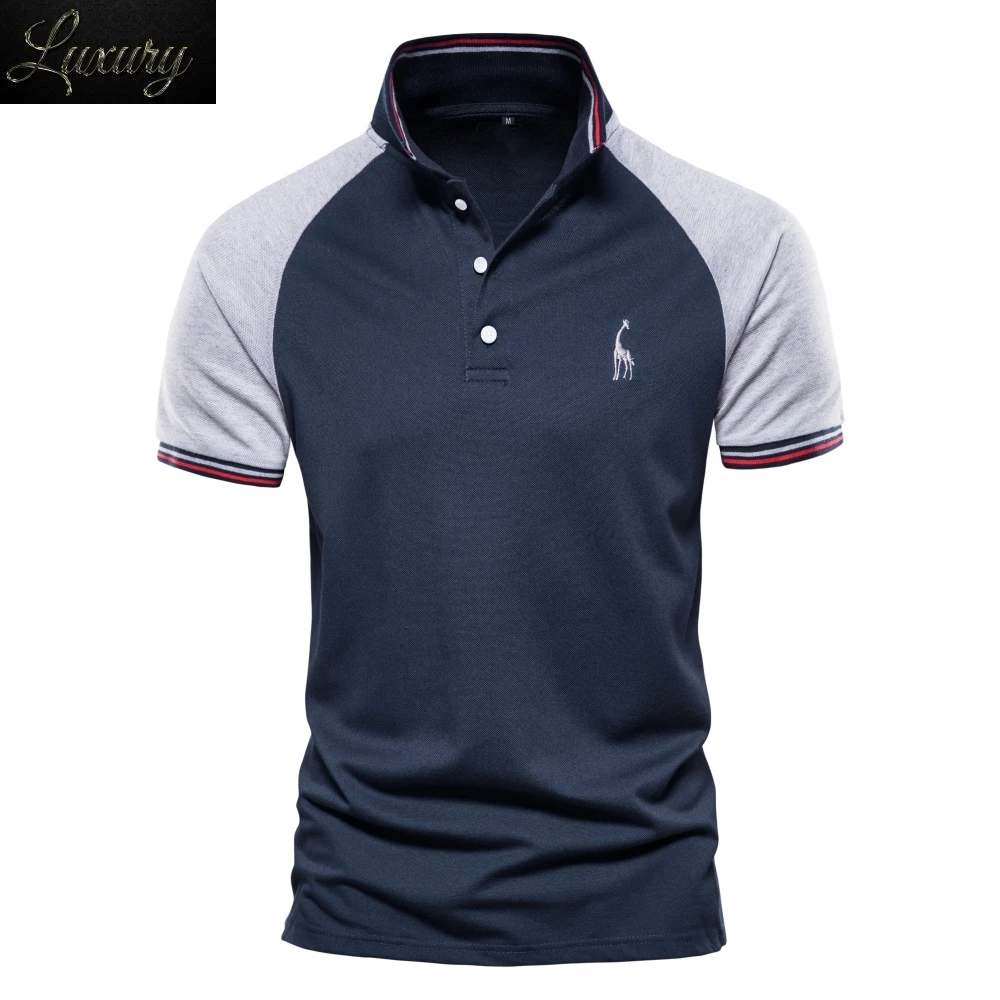 

Brand Quality Men's Polo Solid Color Patchwork s Shirts for Casual Giraffe Embroidery Clothing