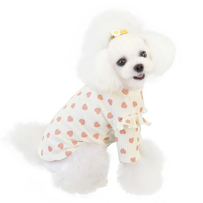 

Pink White Gray Cotton Pet Clothes Warm Hoodies Tshirt Heart Pattern O-neck Lace Short Sleeve Sweater Sweatshirt For Small Dogs