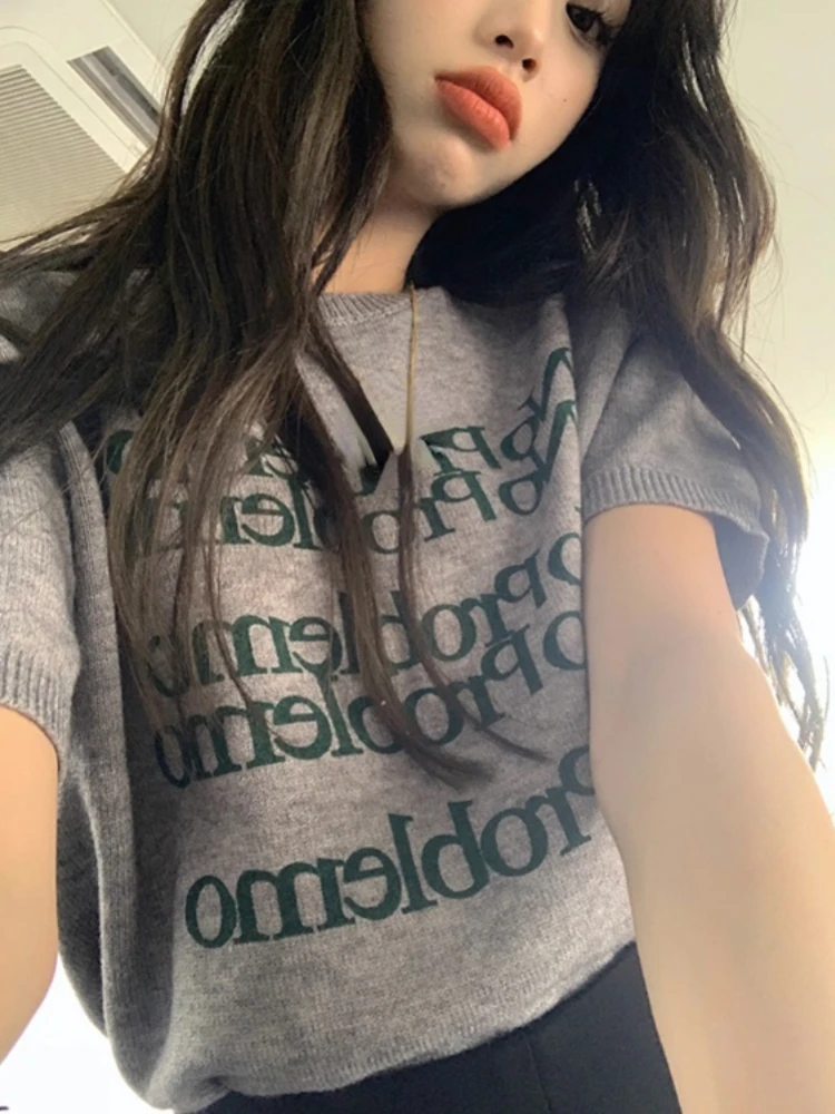 

Letter Print Korean Knitted Tops Summer Women Vintage Slim Short Sleeve T-shirts Fashion Loose O Neck Y2k Aesthetic Cropped Top
