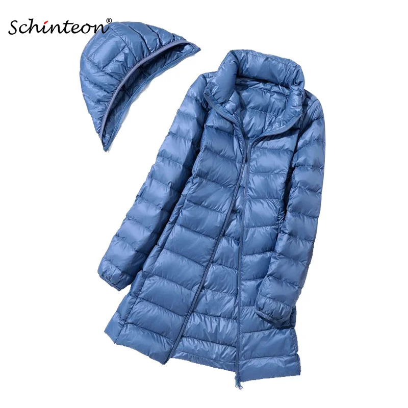 

Schinteon M-7XL Women Down Jacket Ultra Light White Duck Down Long Coat with Removable Hood Thin Slim Spring Autumn Outwear New