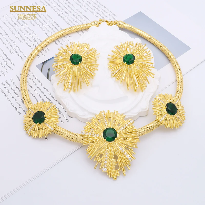 SUNNESA роскошное зеленое циркониевое круглое ожерелье женское позолоченное золото