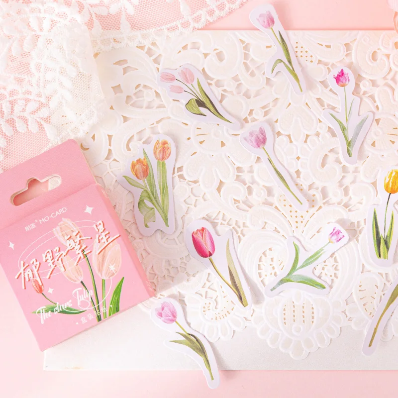 

40Packs Wholesale Tulip Fresh Flower Mini Box Stickers Handbook collection Decorative label Seal Sticker Material stationery