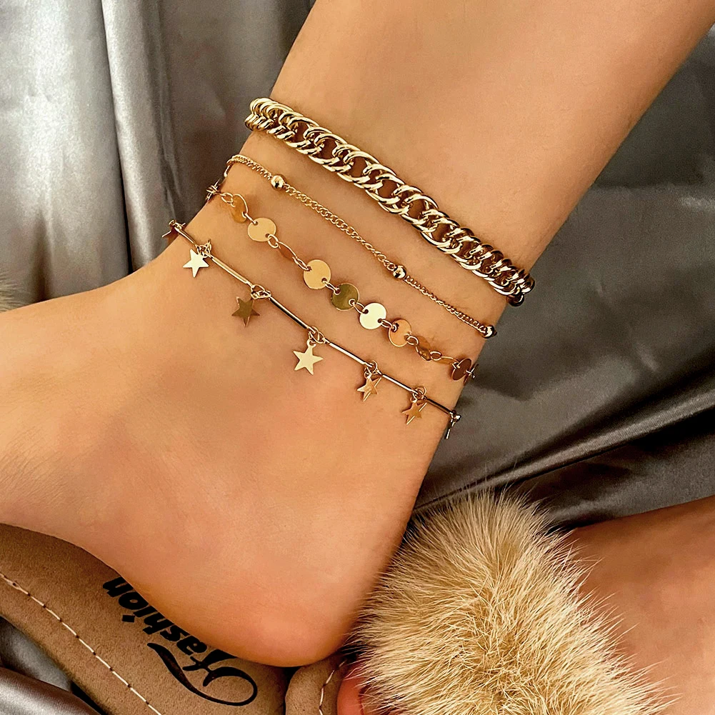 

Flatfoosie 4Pcs/Set Boho Golden Stars Anklets Bracelet For Women Simple Metal Link Chain Anklet Beach Sandals Leg Foot Jewelry