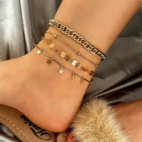 flatfoosie 4pcsset boho golden stars anklets bracelet for women simple metal link chain anklet beach sandals leg foot jewelry