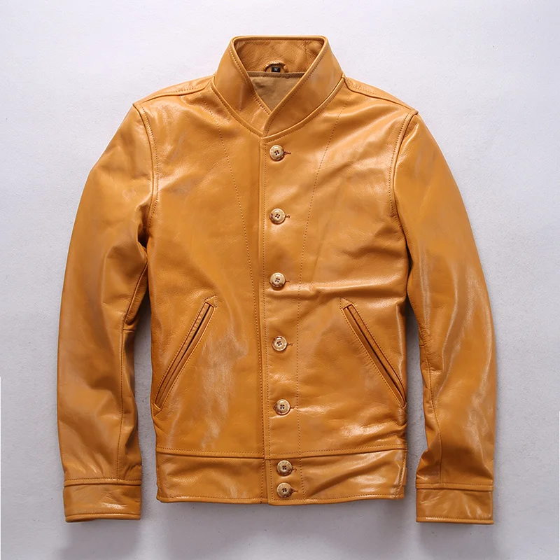 

Кожаная брендовая дизайнерская оригинальная Мужская винтажная деловая куртка из натуральной коровьей кожи с воротником-стойкой пальто большого размера