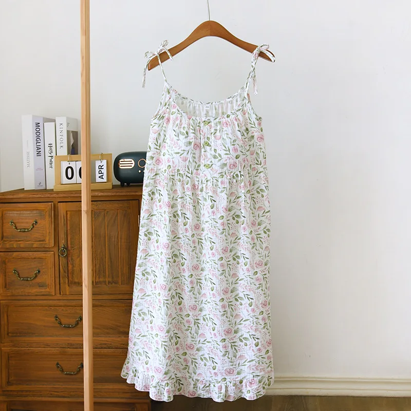 

Cool Feeling Pajamas Dress for Women Sleepwear Summer Cotton Sling Dress with Chest Pad Floral Printing Nightgown Home Clothes