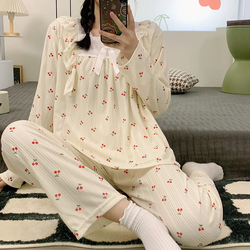 CAIYIER Kawaii Girls Hearts Print Leisure Sleepwear Korean Winter Long Sleeve Long Pants Nightwear For Women Pyjamas Elegant 2XL