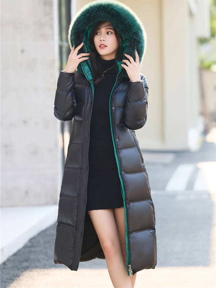 New Women Real Fox Fur Collar Down Coat Winter Fashion Hooded Two-colour Belt Slim Long Down Jacket Thicken Warm Black Overcoat