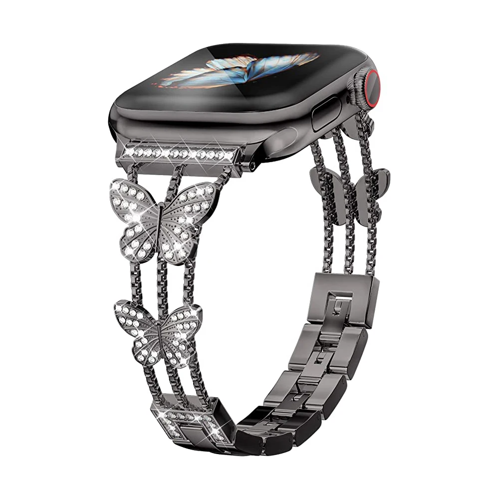 Xasiy Compatible With Apple Watch Strap 38mm 40mm 41mm 42mm 44mm 45mm 49mm Vrystal Sparkly Butterfly Girls Jewelry Metal Band