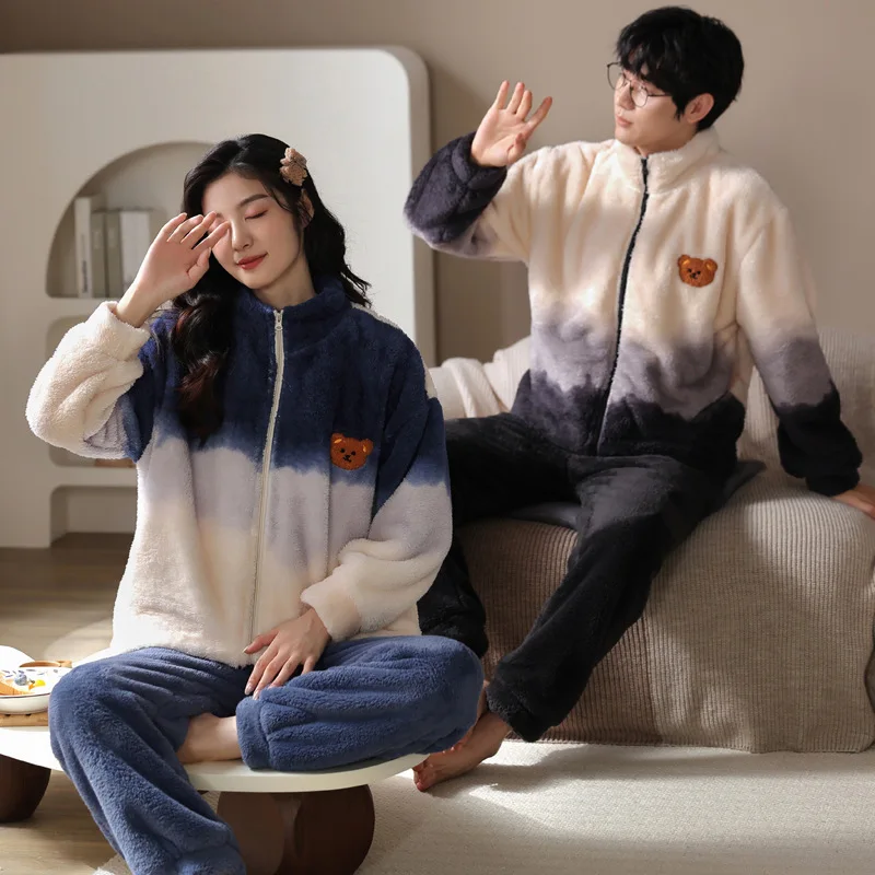 Yasuk Winter Fashion Men Women's Casual Soft Snowflake Velvet Sleepwear Homewear Couple Pajamas With Pants  Gradient Bear Thick