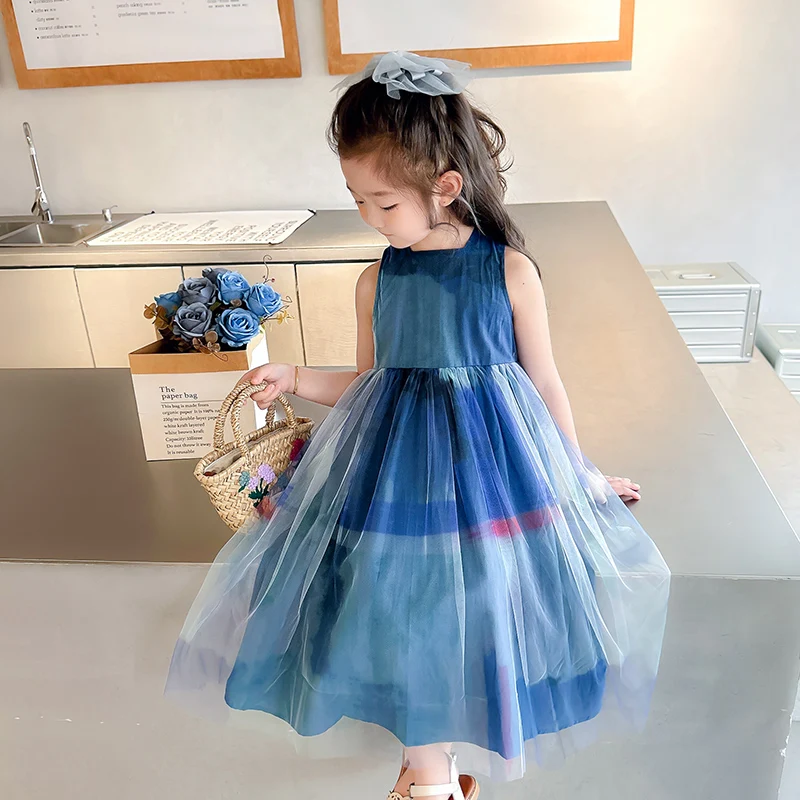 Элегантное синее платье для маленьких девочек на день рождения градиентные