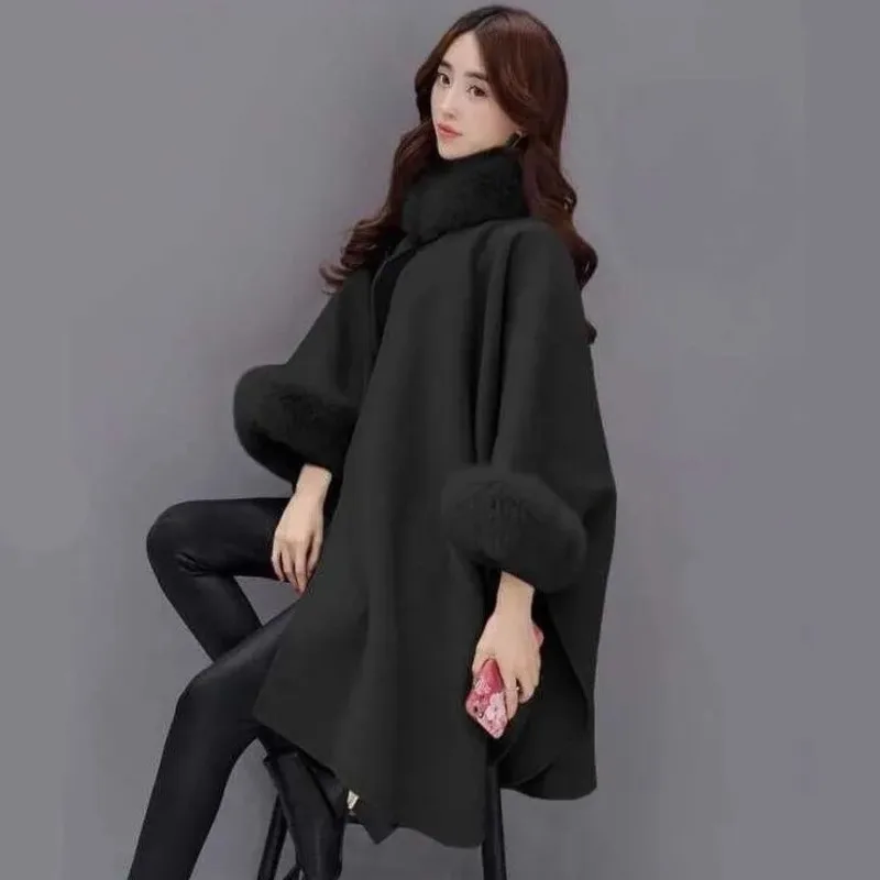 

2022 Women's Winter Fake Fur Coat Poncho Jacket Oversized Bat Sleeve Warm Cape Overcoat Long Cloak Outwear Casual Shawl Female
