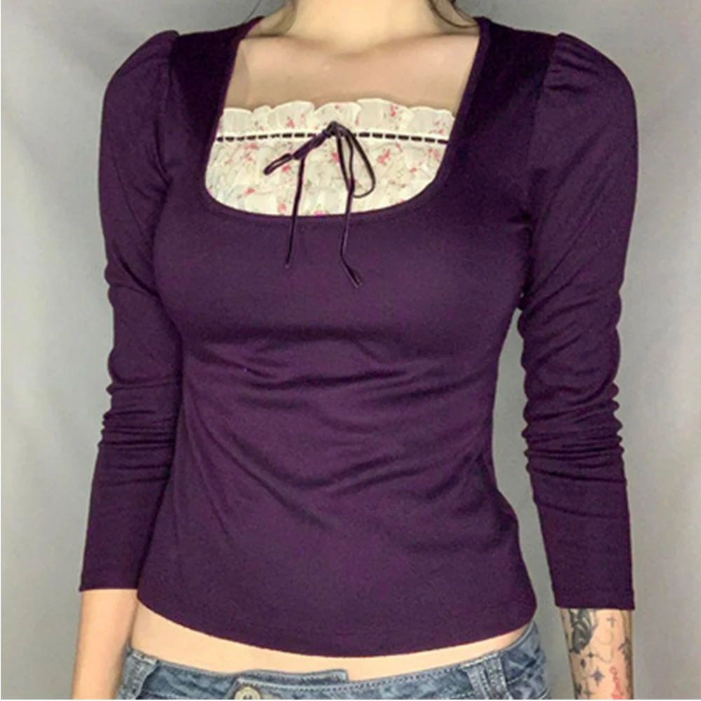 

Lente Herfst Vrouwen Casual Lange Mouw T-shirt Fashion Bloemen Stiksels U-Hals Trui Nep-Twee Dagelijks Tee Tops