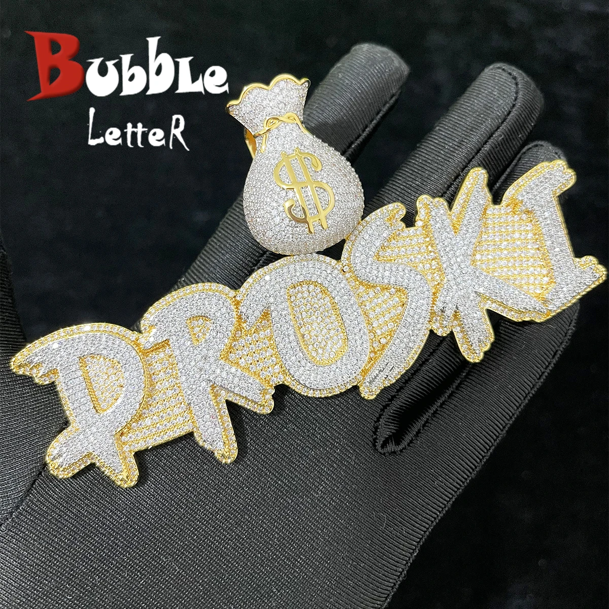 Bubble Letter Jewelry Custom Name Necklace Solid Base Iced Out Personalized Pendants Money Bag Bail  Real Gold Plated Hip Hop