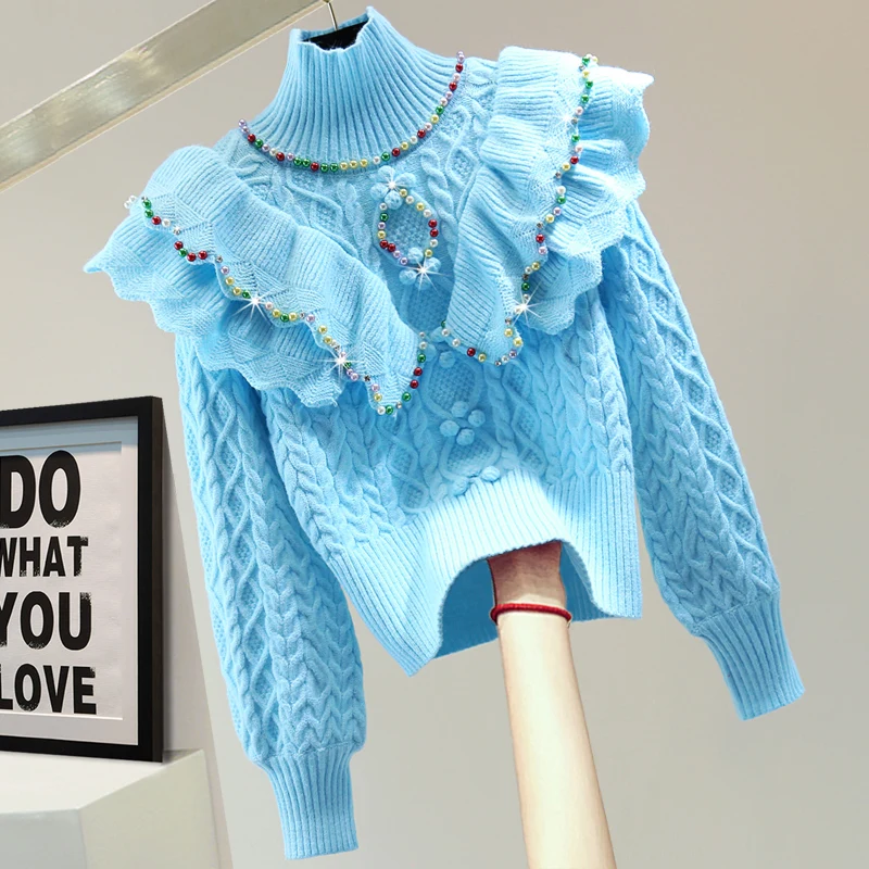 

2022 Autumn Winter Turtleneck pullover coat for women sweaters Pure Color Ruffles Beads Rhinestones Twist Long Sleeve Sweater