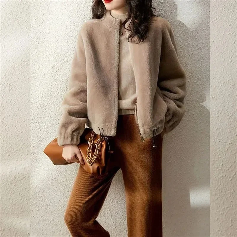 Женская меховая куртка со стоячим воротником свободное короткое пальто из