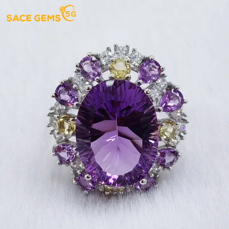 SACE GEMS Fashion Resizable 11*15MM Natual Amethyst Rings for Women 925Sterling Silver Wedding Party Fine Jewelry Festival Gift