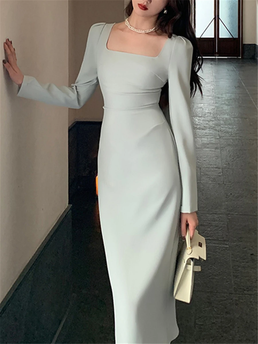 

Облегающее платье-миди на осень и зиму, новинка 2022, элегантное модное однотонное женское офисное платье с длинным рукавом, облегающее вечер...