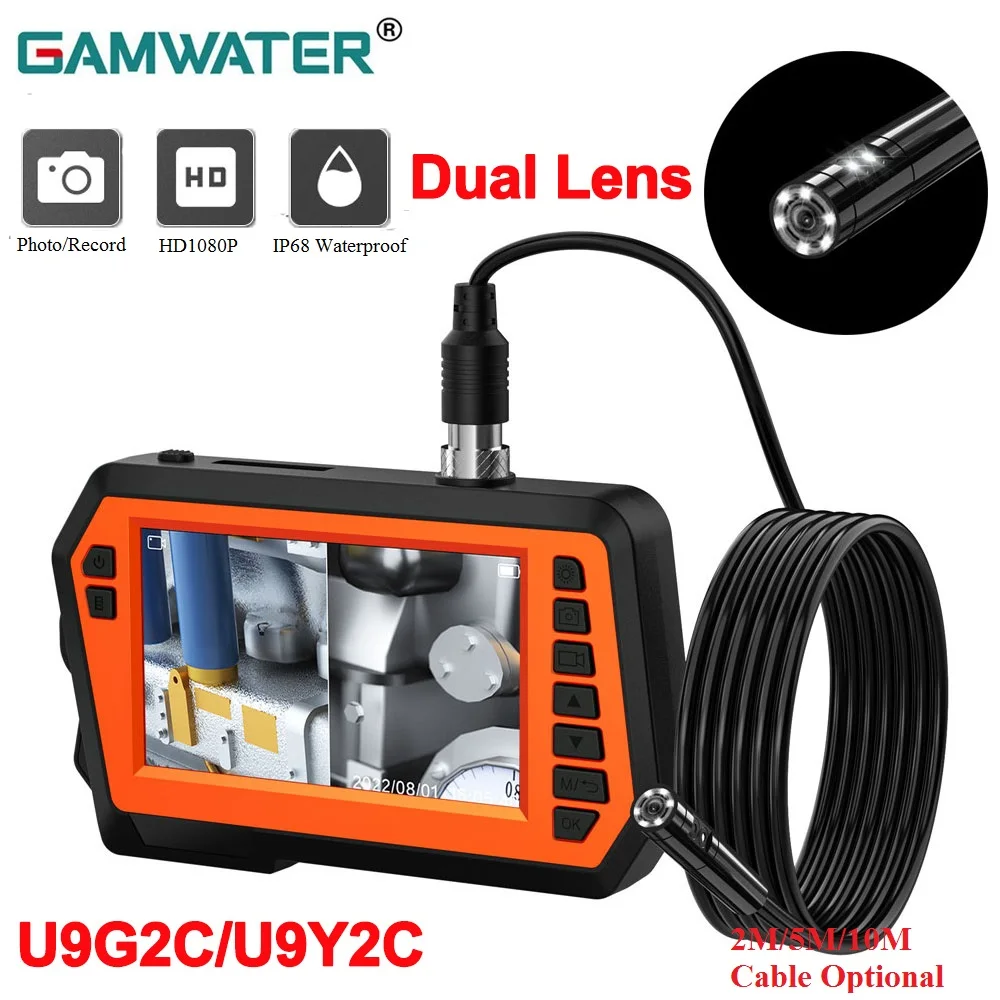 GAMWATER Mini Dual Lens 8mm Industrial Borescope Inspection Camera HD 1080P 4.3”IPS Screen Pipe Drain Sewer Endoscope Camera