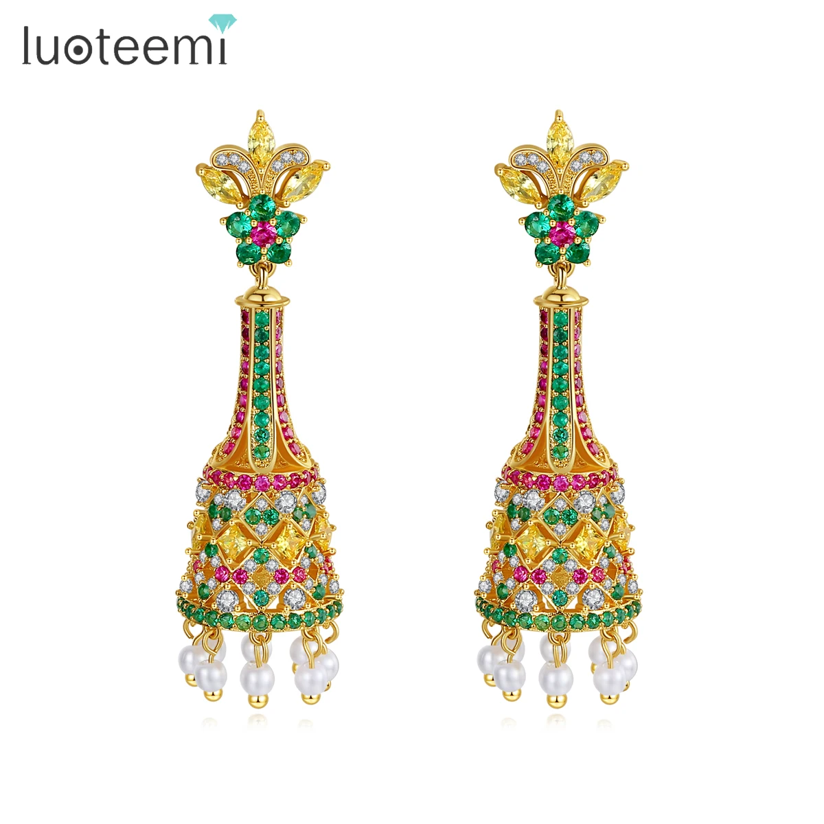 

LUOTEEMI Extravagant Indian Style Colorful Flower Big Drop Earrings for Women Wedding Tassel Dangle Earrings Fashion Jewelry