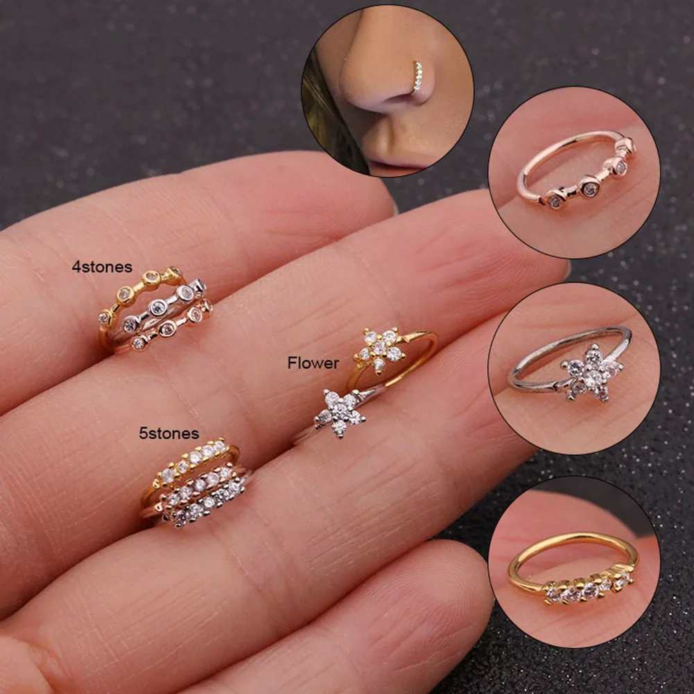 

1PC New 0.8x8mm Zircon Hoop Nose Rings Tiny Flower Open Bendable Helix Cartilage Nose Piercing Body Jewelry Gifts