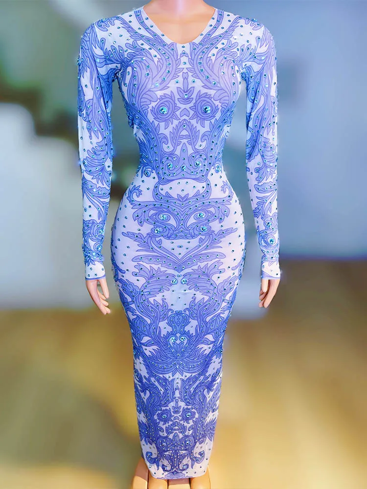 High Quality Rhinestone Elastic Printed Dress 2024 New Fashion Custom Women'S Clothing