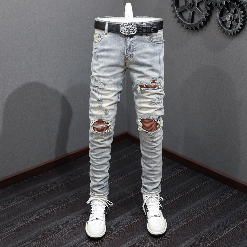High Street Fashion Men Jeans Retro Gray Blue Elastic Stretch Skinny Ripped Jeans Men Patched Designer Hip Hop Brand Pants Homme