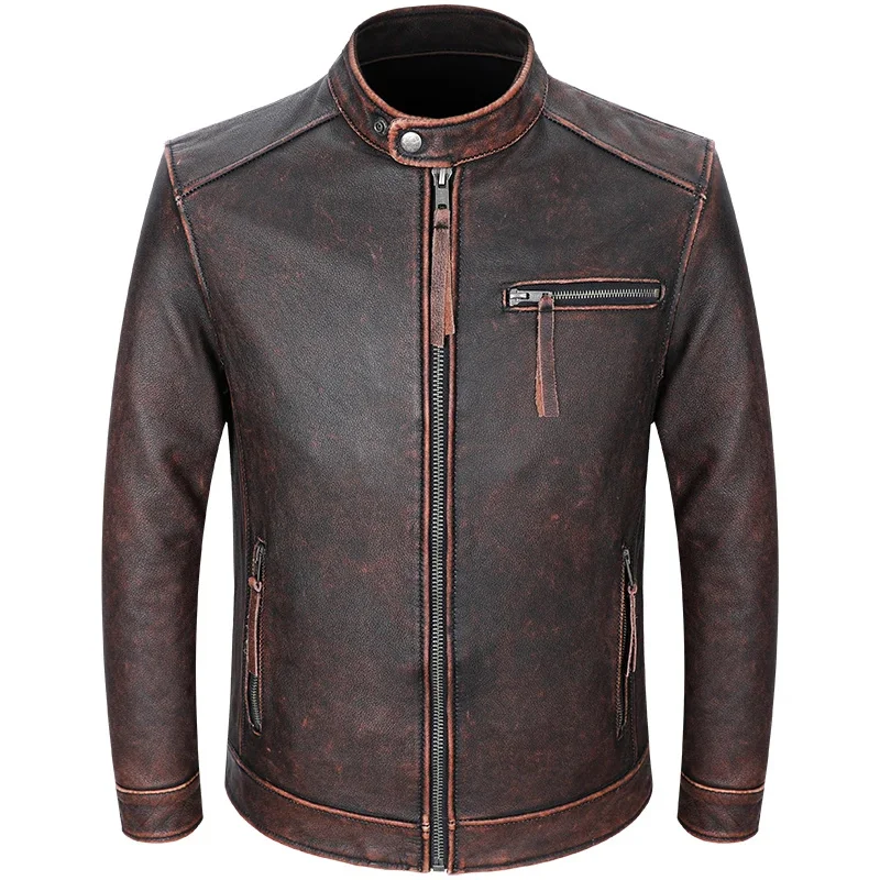 

Мужская Байкерская кожаная куртка, Классическая Повседневная винтажная куртка из 100% натуральной воловьей кожи, осень-весна
