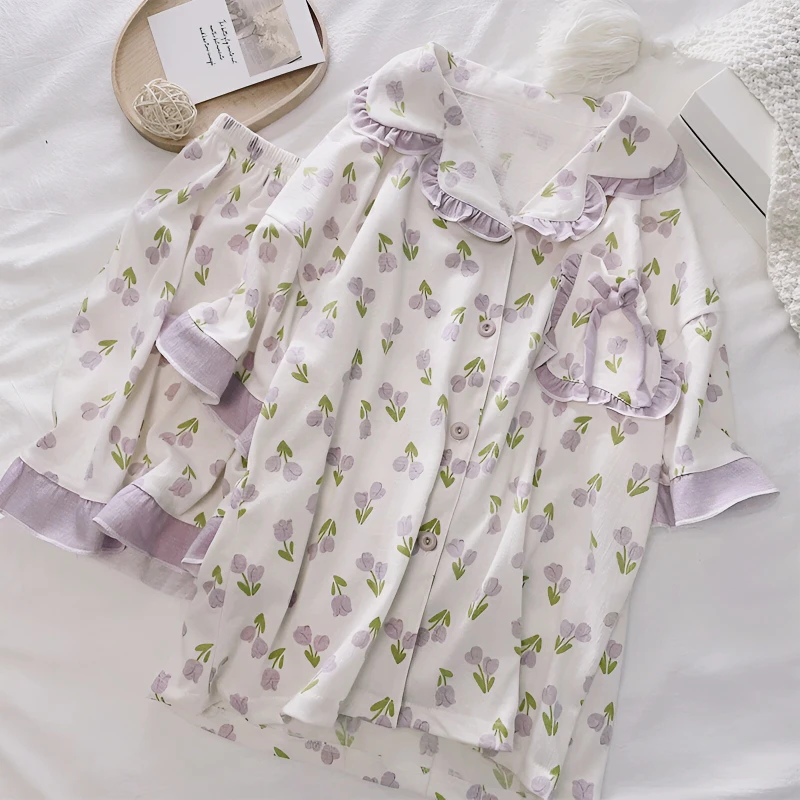 The Summer Pajamas for Women's Pure Cotton Thin Section Cool Feeling Cardigan Shorts Sleepwear Suit with Lapel Simple Loungewear