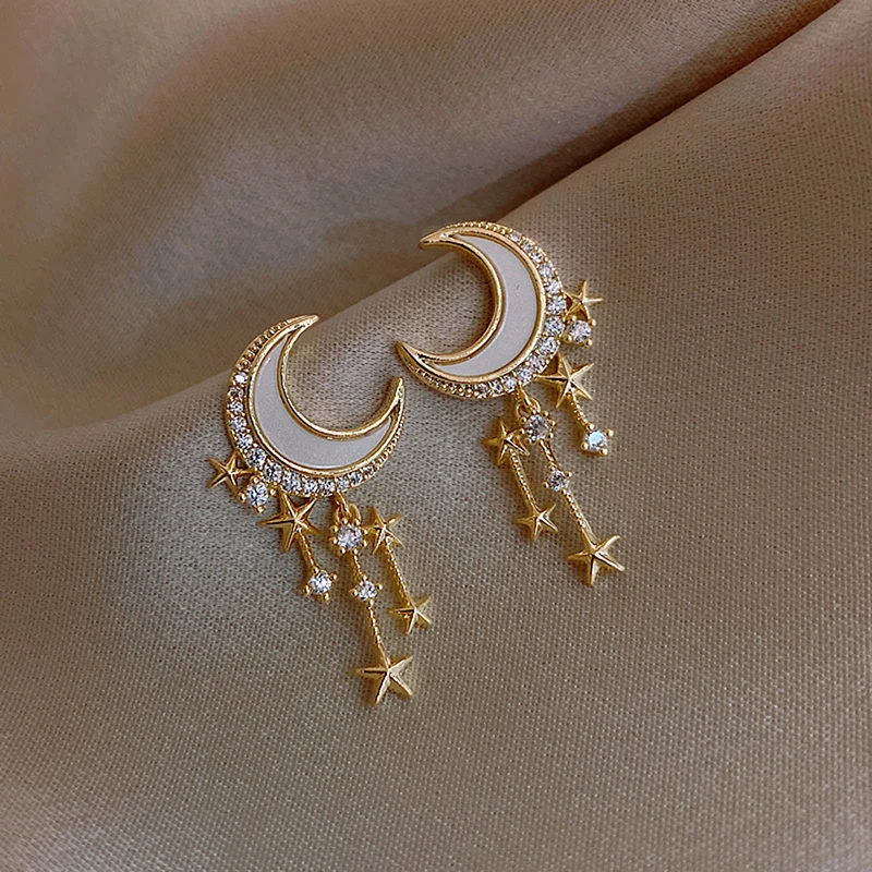 

Korean Fashion Crystal Pearl Moon Star Drop Dangle Earrings for Women Rhinestone Geometric Statement Stud Jewelry Party Trendy