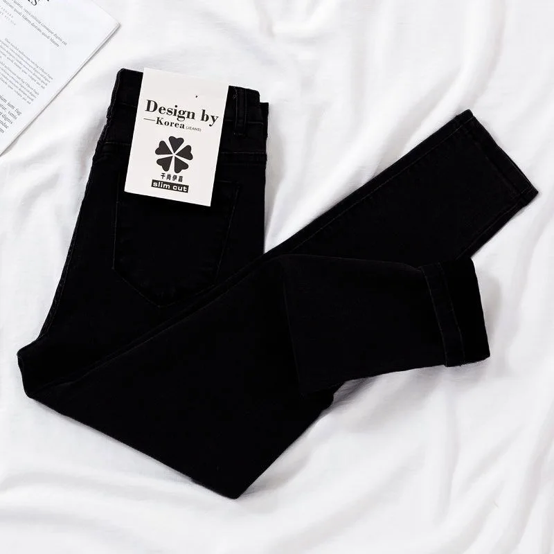 Jeans denim women's decoration thin Korean all-match nine points pencil pencil feet pants autumn