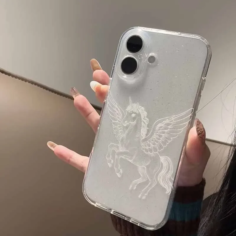 Прозрачный мягкий чехол для iPhone с белыми линиями, пони и единорогом для моделей 17, 16e, 16, 15, 14, 13, 12, 11 Mini, Air, Pro, Max, X, 7, 8 Plus (art.: 3920da0eec7eb) - 3920da0eec7eb