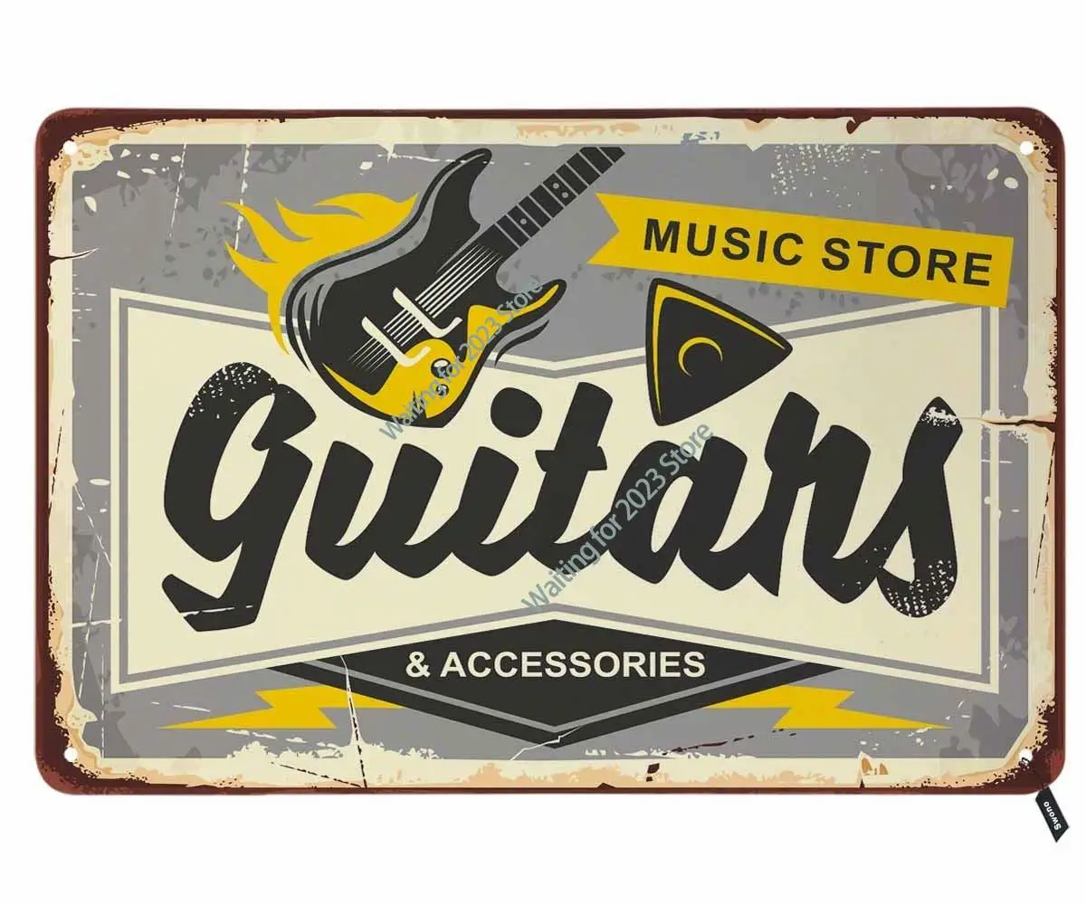 

Guitars Shop Tin Signs,Music Store Here on Gray Background Vintage Metal Tin Sign for Men Women,Wall Decor for Bars,Restaurants