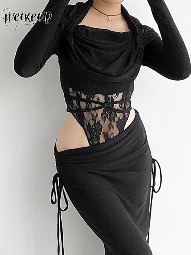 

Weekeep Mesh Stitched Bodysuit Black Slash Neck Off Shoulder Bodycon Rompers for Women Autumn Basic Body Shirts Ladies Clothing