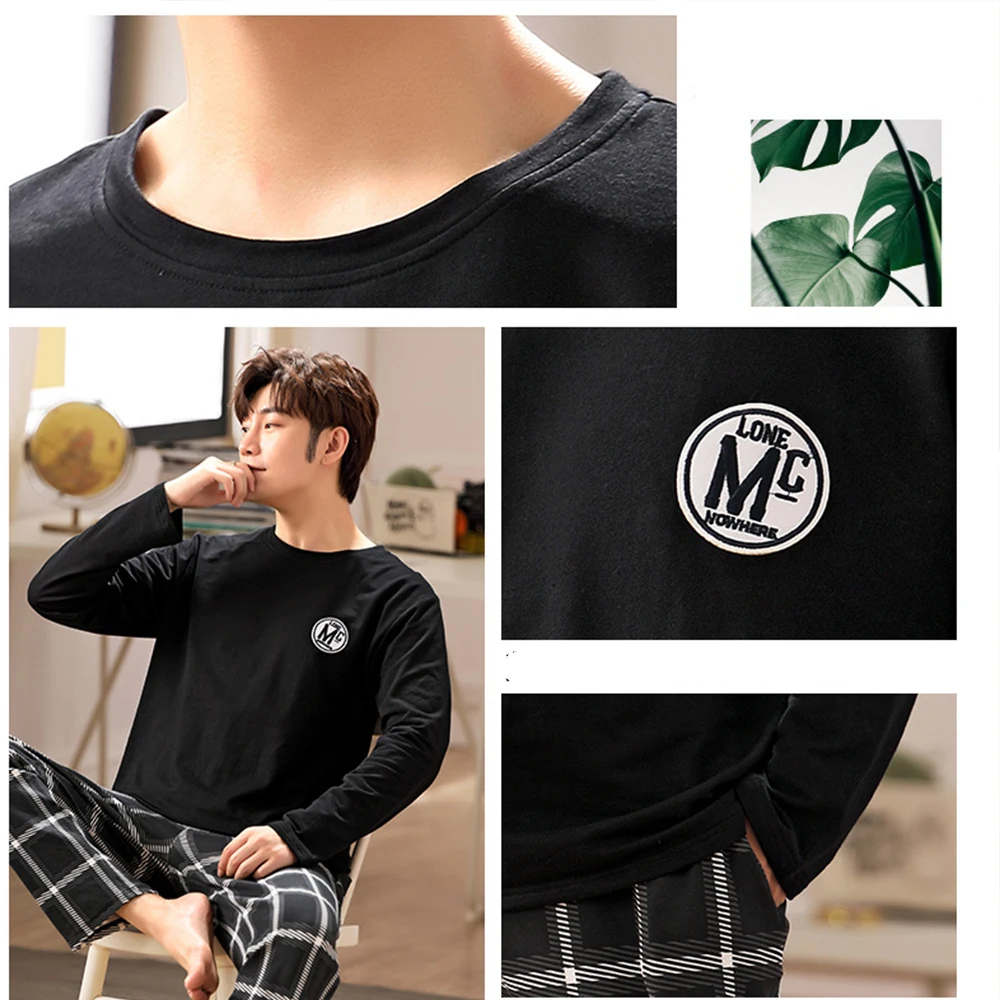 QUHENG Autumn Winter Men Pajamas Set Cotton Print Sleepwear Night Suit Casual Long Sleeve Plaid Pants Pyjamas Plus Size Homewear