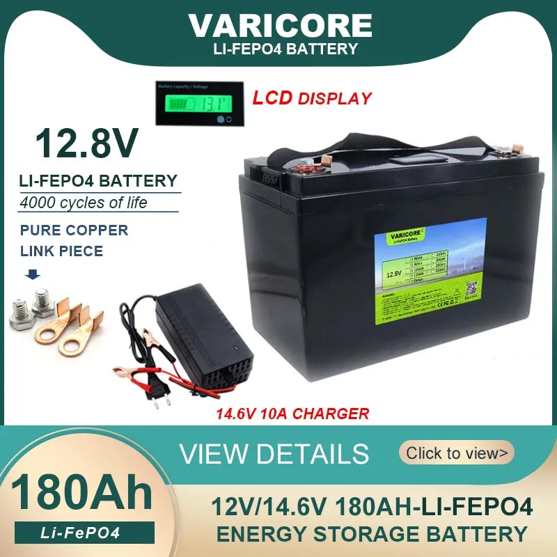 

12.8V 180AH LiFePO4 Battery 12V 4s LED display Lithium Power Batteries For Campers Golf Cart Off-Road Solar Wind 14.6V Charger