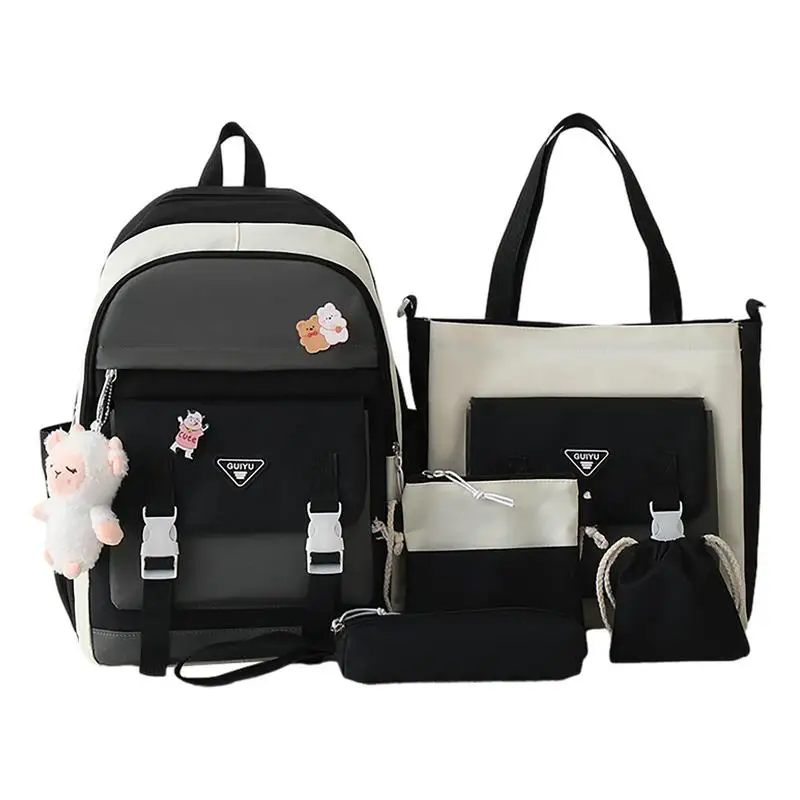 

Kawaii Backpack For School 5 Pcs Canvas School Backpack Combo Set Large Capacity Schoolbag With Shoulder Bag Pencil Bag Tote Bag