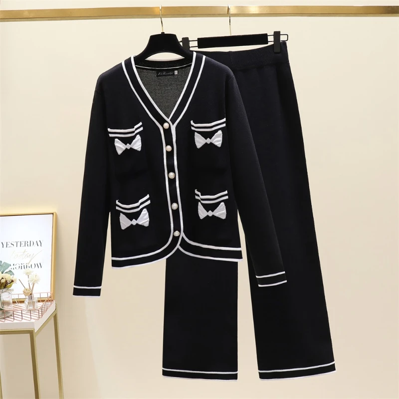 

Women New Patchwork Two Piece Set Autumn Pullover Sweater Female Knit Tracksuit High Waist Wide-legged Pants Suit Outfits G24
