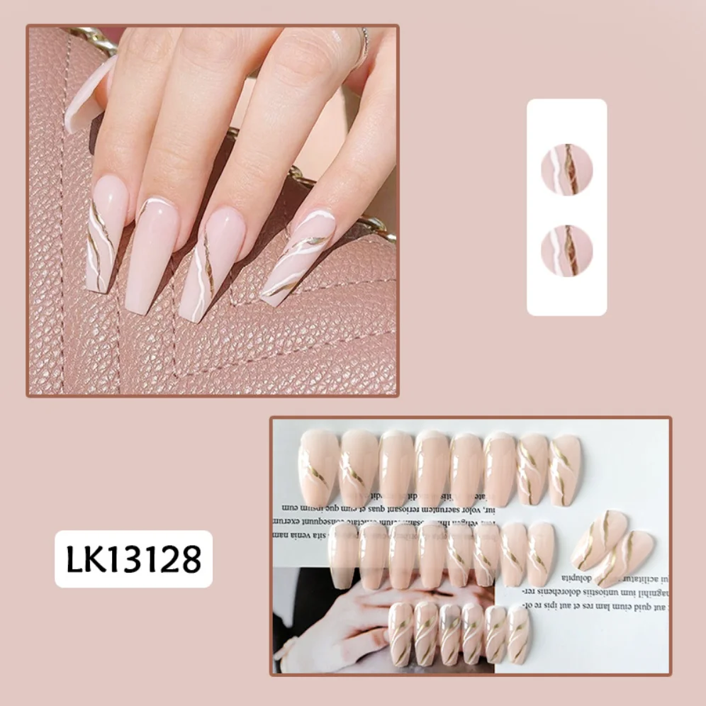

24Pcs Platinum Line Nail Art Fake Nails Glossy Long Ballet Square Head False Nails Finished Reusable Removable Press on Nail Tip