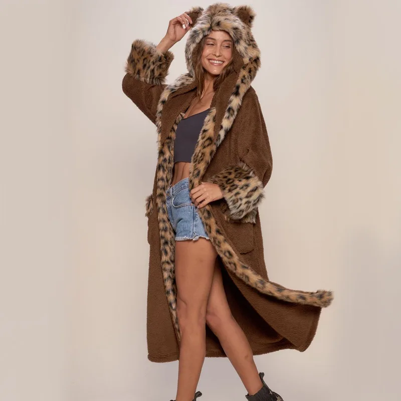 Warm Lamb Coat Leopard Coat Women's Hooded Coat Fur Coat