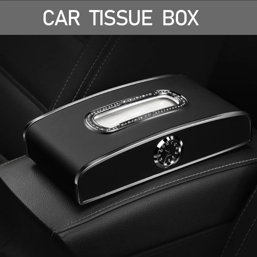 

1pc Car Luxury Tissue Box Multi-functional Clock Parking Card Napkin Holder Practical Paper Towel Storage Rack Accessories