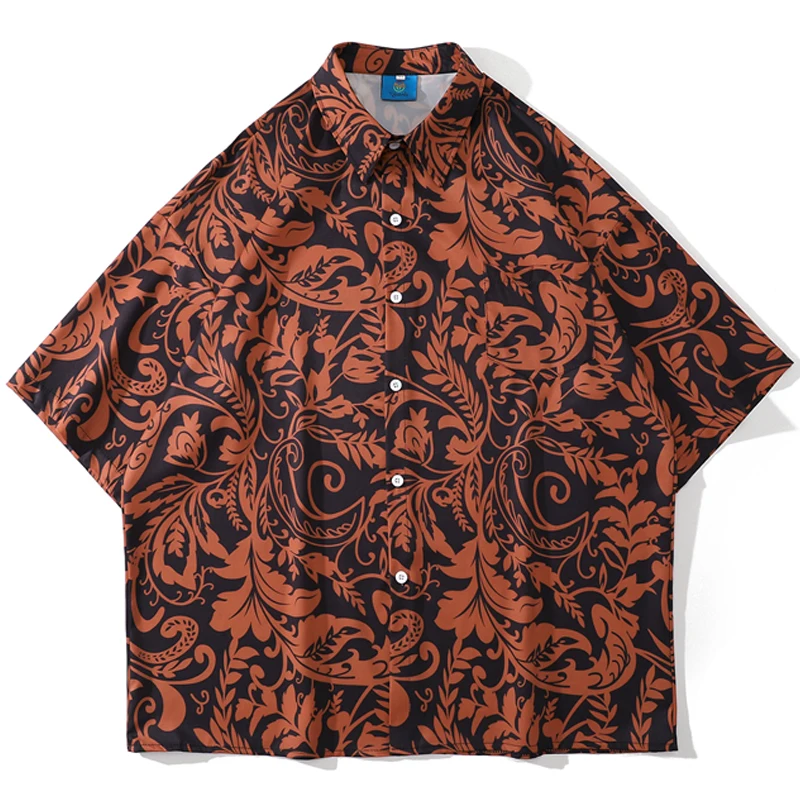 

2022 Summer Unisex Vintage Harajuku Flower Print Turn-Down Collar Couple Shirts Tropica Men Oversize Hawaii Short Sleeve Shirt
