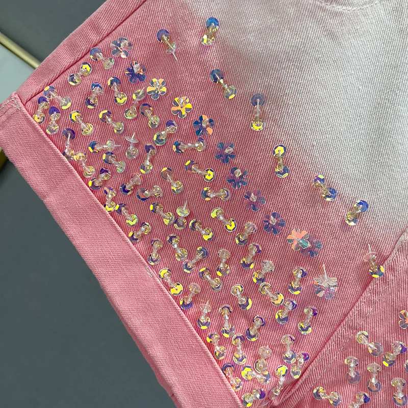 Sequined Denim Shorts Women's Fashion 2023 New Summer High Waist Loose Slim European Station Flanging Wide-Leg Hot Short Pants
