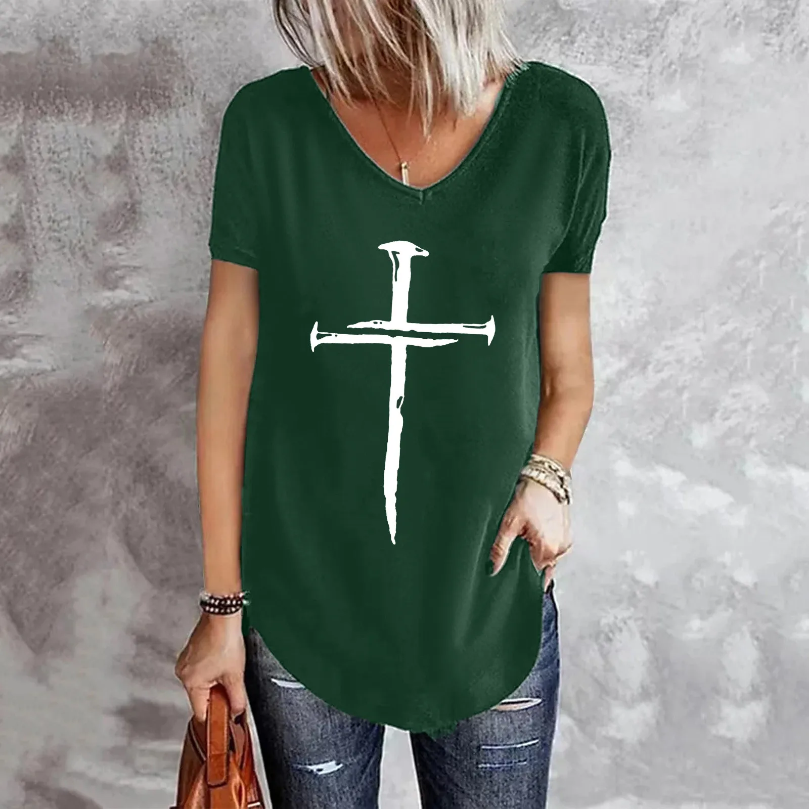 

Женская свободная футболка с коротким рукавом и V-образным вырезом