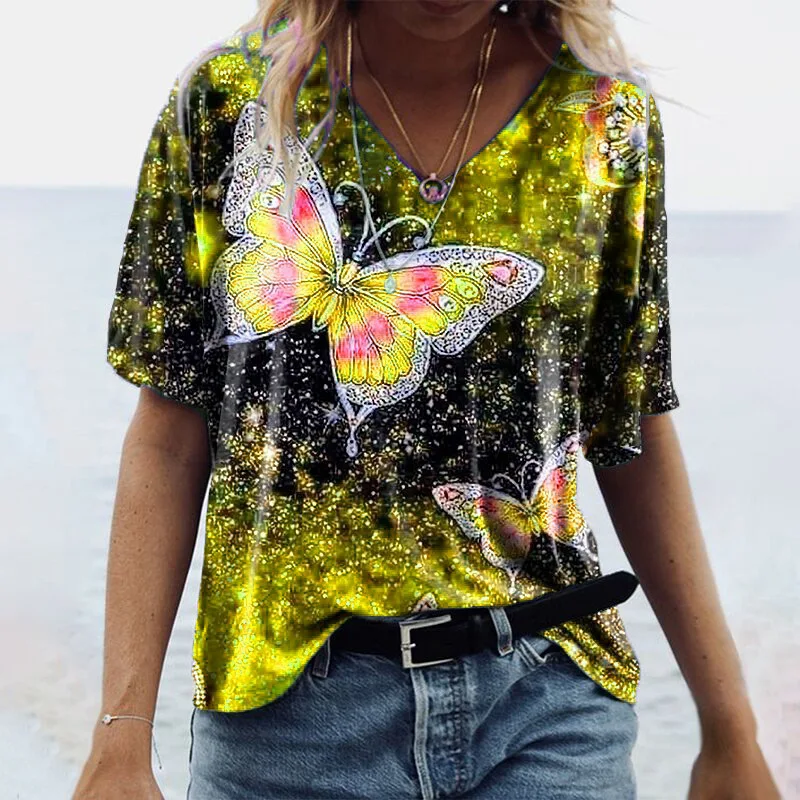 

Women Clothing 3D Butterfly Print T-shirts Summer 2021 Casual V-Neck Loose Pullover Shirt Ladies Tops goth clothes