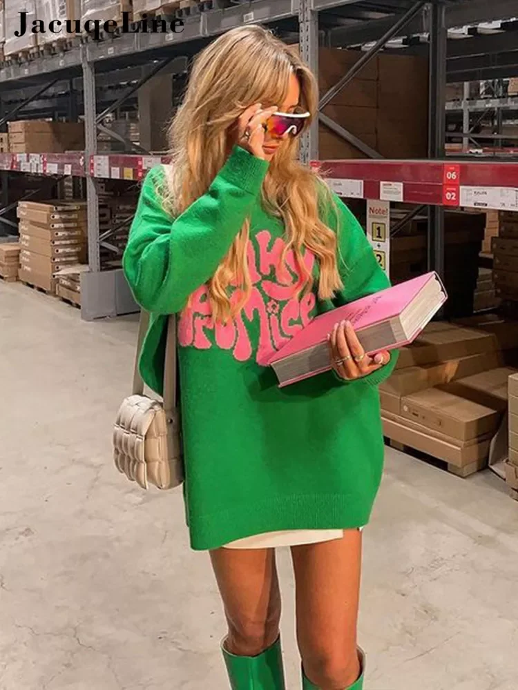 

Jacuqeline 2022 Y2K Green Knitted Women Sweater Dress Fairy Grunge Oversize Long Sleeve O Neck Mini Woman Dresses Autumn Winter