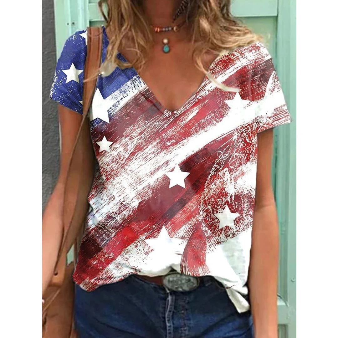 

2022 American Flag Printed Short Sleeve T-shirt Casual Women's Street Style T-Shirt New Summer Women's Printed V-neck Pullover